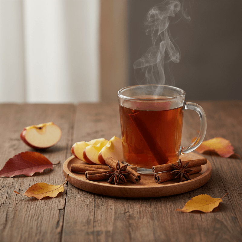 Apple cider rooibos tea in a clear cup with cinnamon, apples, and autumn leaves on a wooden table.